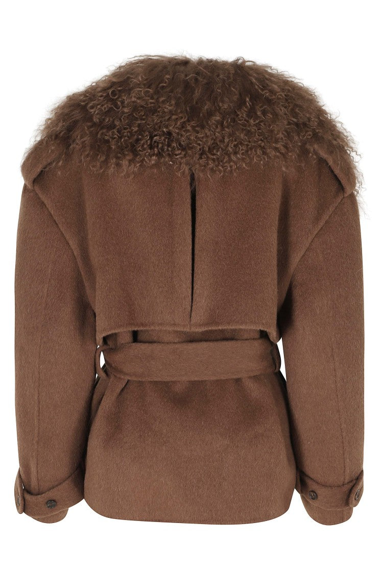 Giuseppe Di Morabito Brown Voluminous Fur Lapels Double-Breasted Trench Coat