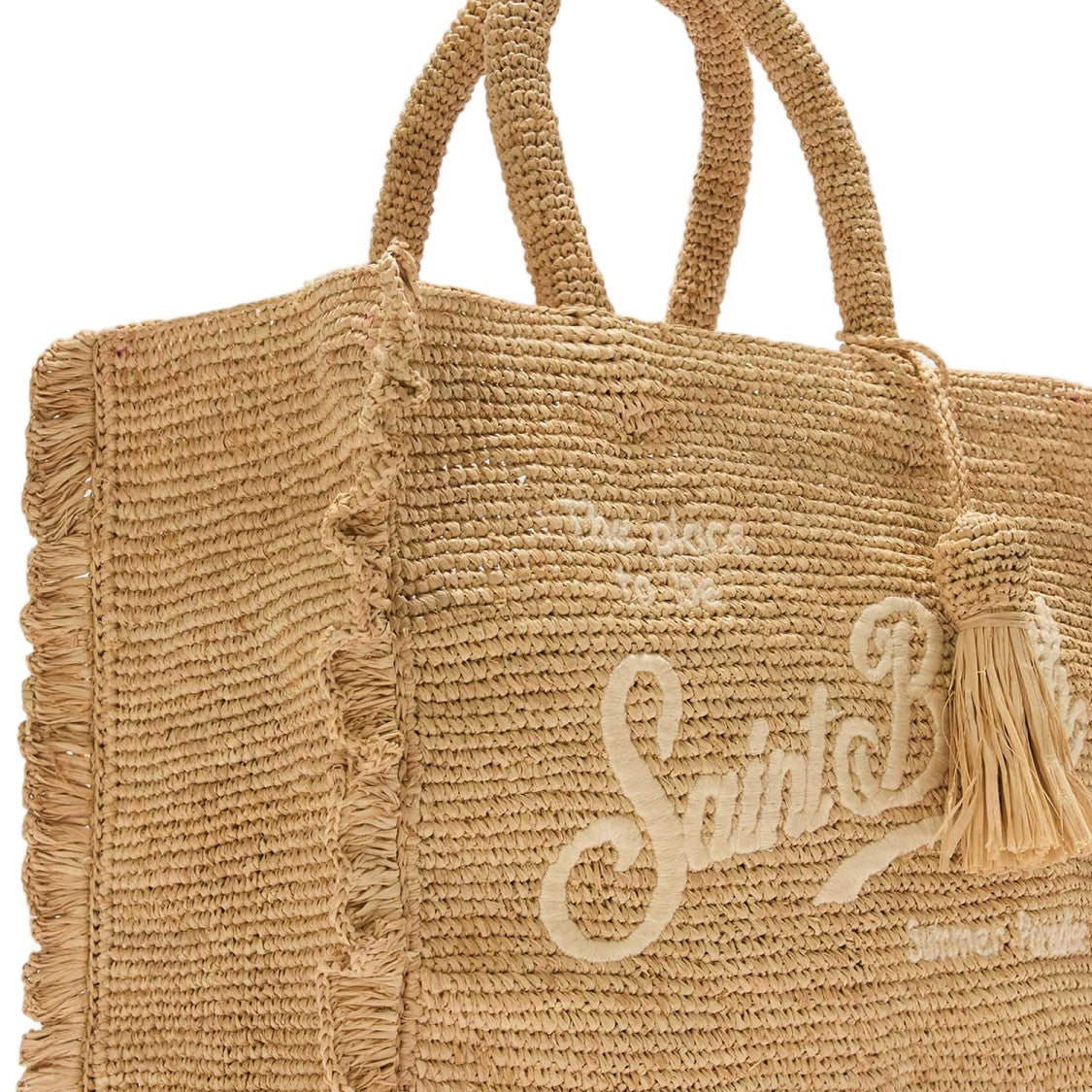 Mc2 Saint Barth Naturally Woven Raffia Tote With Embroidered Logo And Fringed Trim