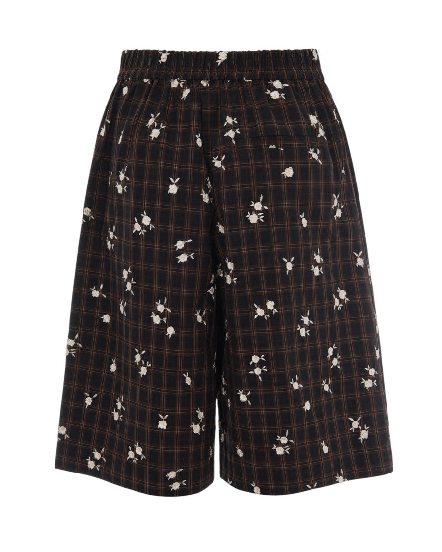 Ganni Bermuda Check Flower Shorts With Elastic Waistband