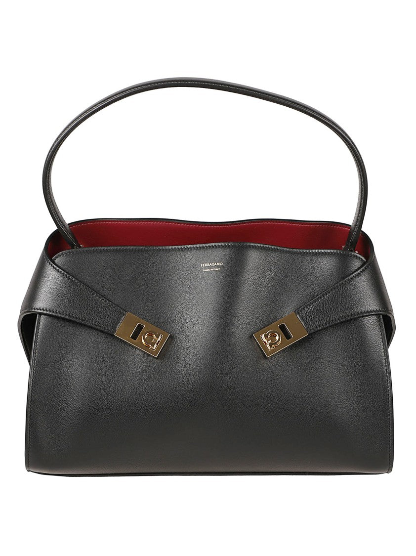 Ferragamo Structured Black Leather Handbag With Gold-Tone Hardware