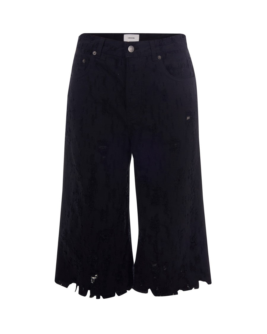 Haikure Beck Bull Destroy Cotton Wide-Leg Denim Shorts