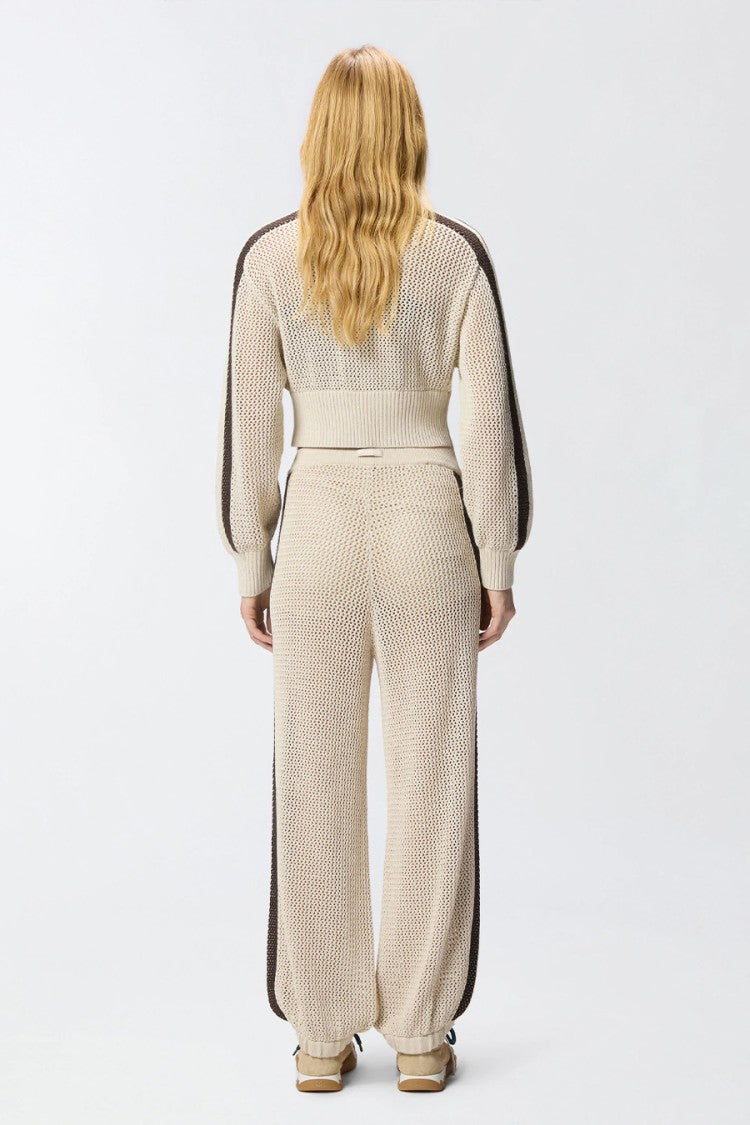 Pinko Beige Nebulosa Pointelle-Open Contrast Stripe Cotton-Blend Sweatpants