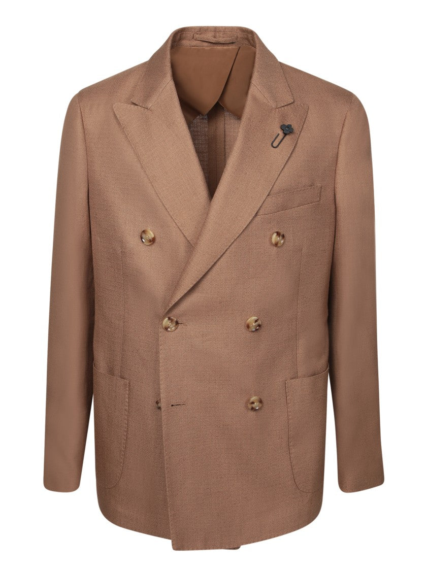 Lardini Double-Breasted Beige Blazer With Peak Lapels