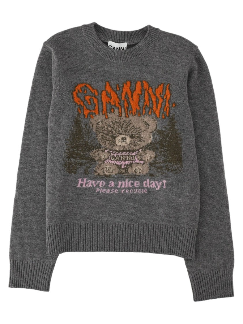 Ganni Grey Teddy Bear Graphic Wool-Blend Sweatshirt