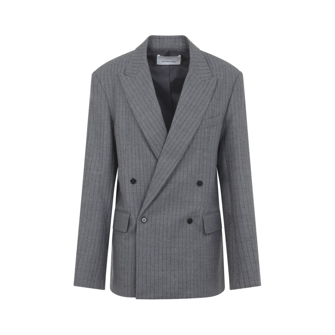 The Frankie Shop Grey Wool Newark Pinstripe Double Breasted Blazer
