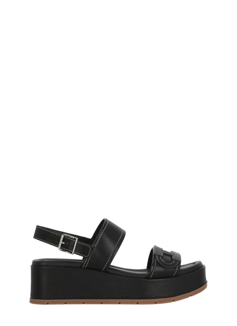 Hogan Black H703 Embossed H Leather Sandals