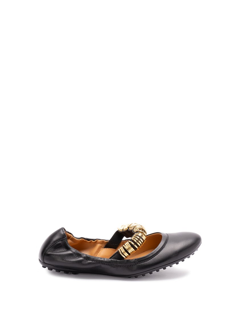 Tod's Black Lambskin Ballerinas With Gold Ring Embellishment