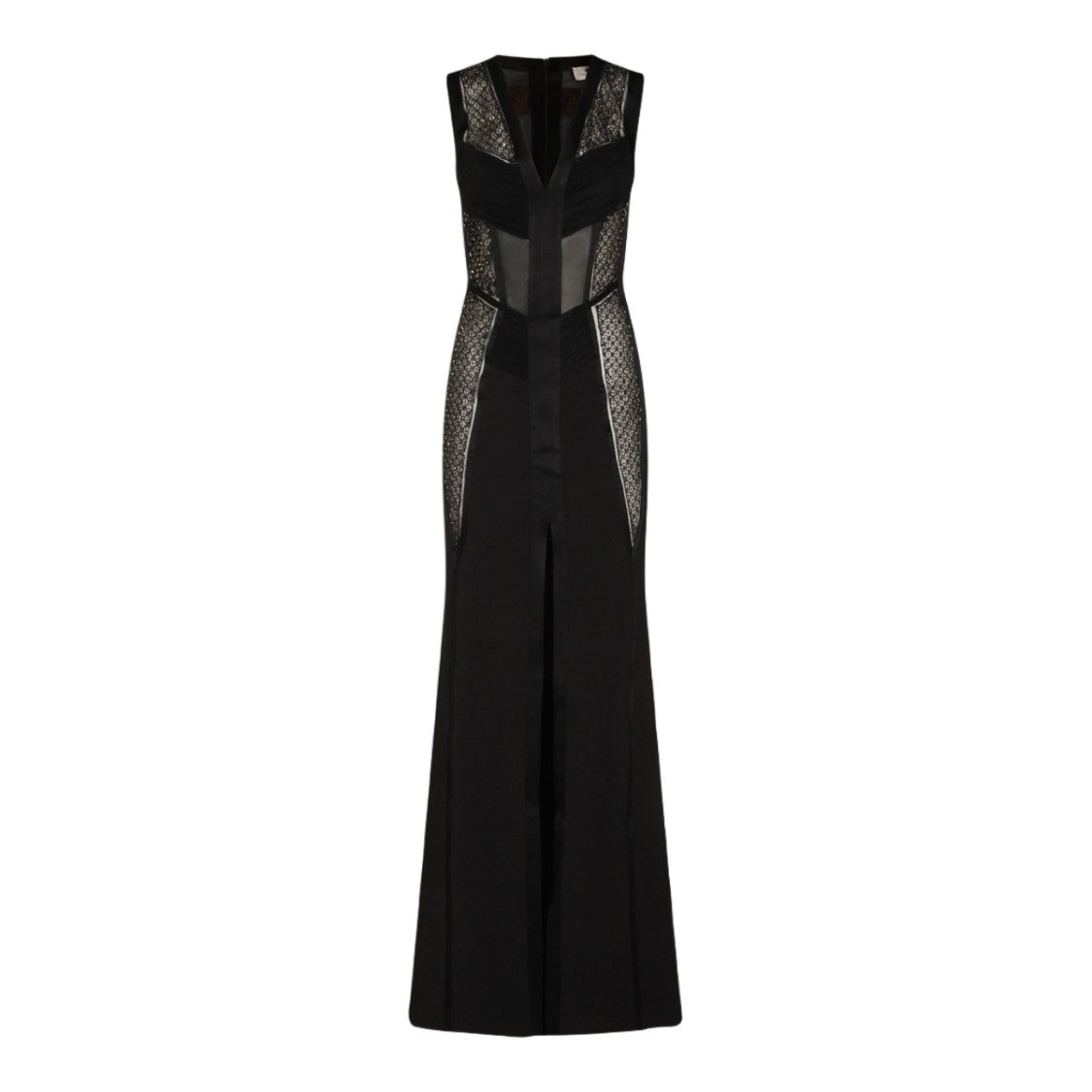 Elisabetta Franchi Long Sleeveless Dress With Geometric Lace Details And Sheer Mesh Panels