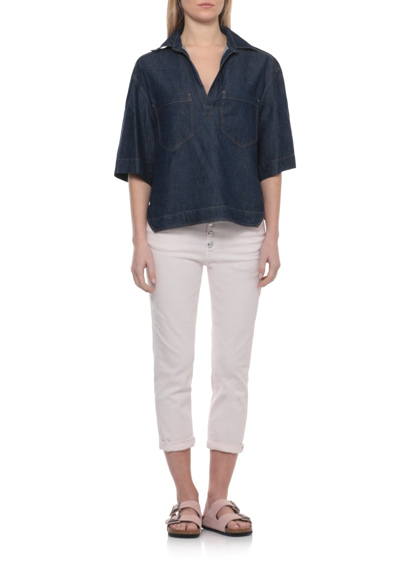 Dondup Blue Denim V-Neck Blouse