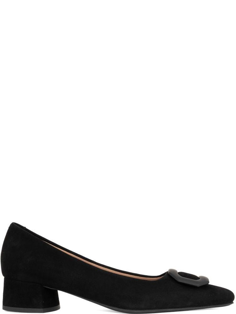 Sergio Moretti Black Closed-Toe Buckle Suede Low-Block-Heel Pumps