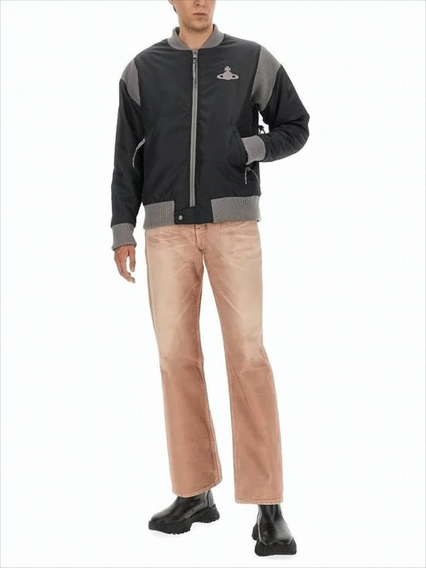 Vivienne Westwood Black Bomber Jacket With Ribbed Knit Details