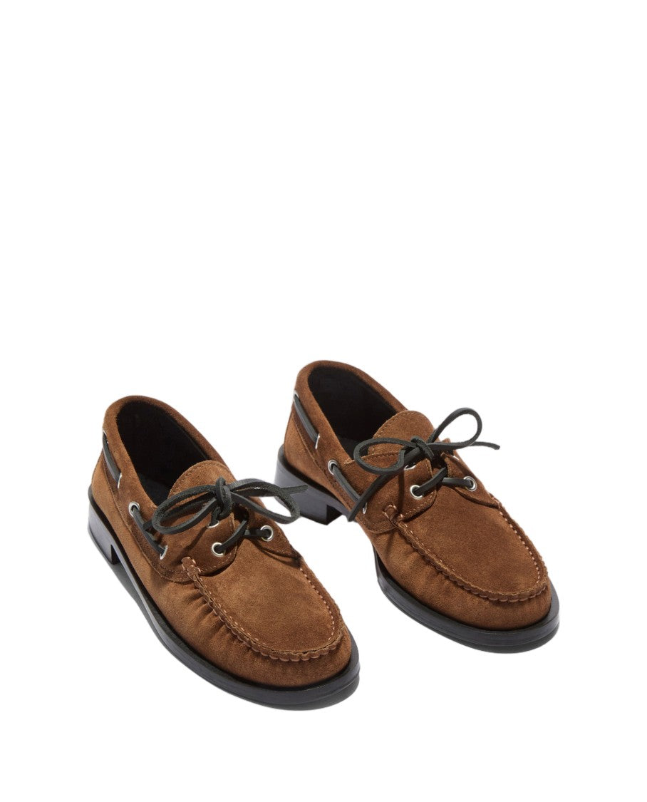 Aeydē Tobacco Cow Suede Leather Loafers With Metal Eyelets