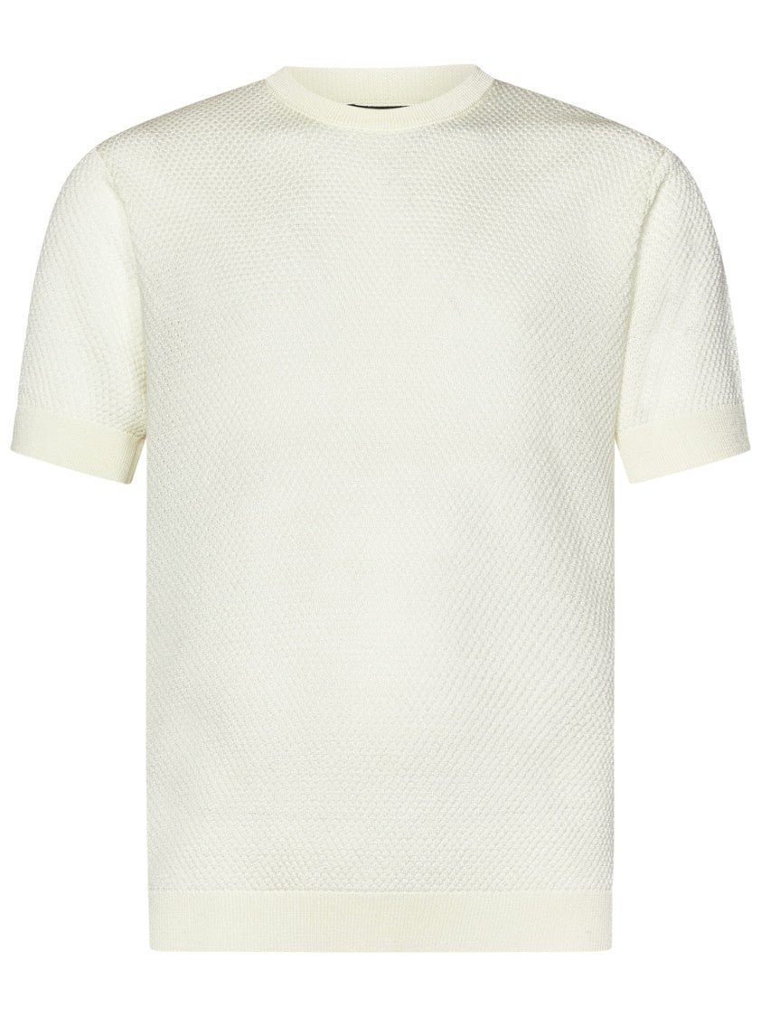 Emporio Armani Textured Knit Sweater In Cream White With Round Neckline