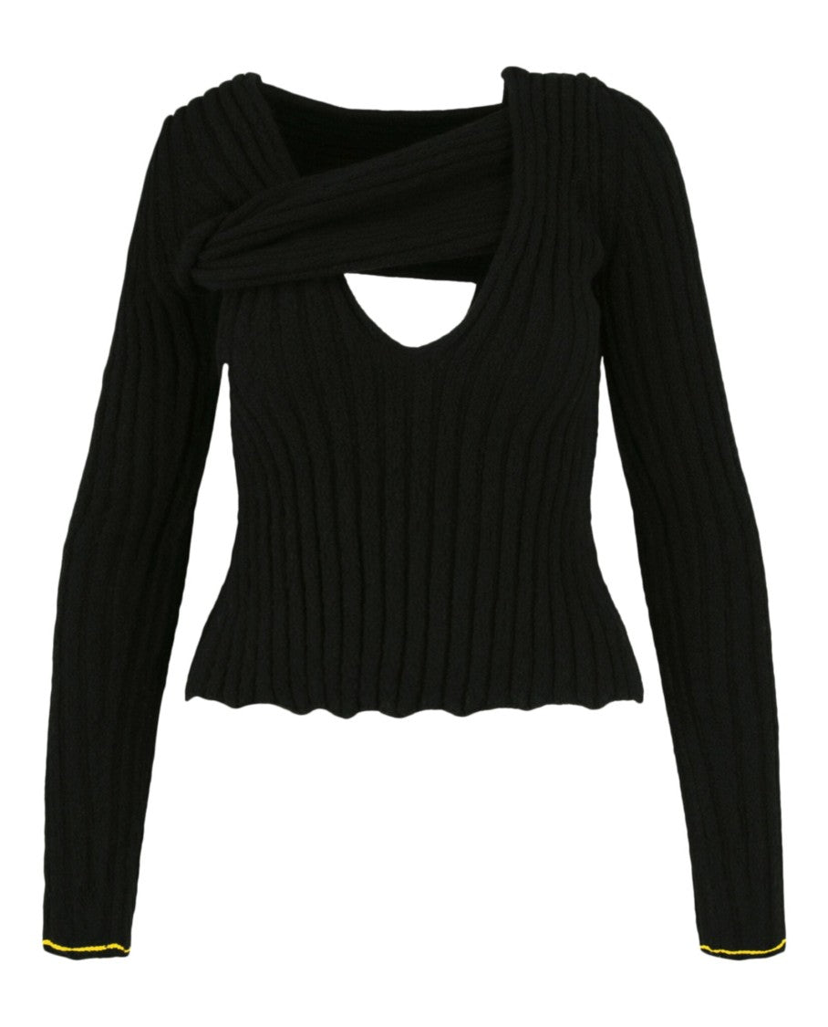 Bottega Veneta Asymmetrical V-Neck Fitted Top With Colored Seam Stitching