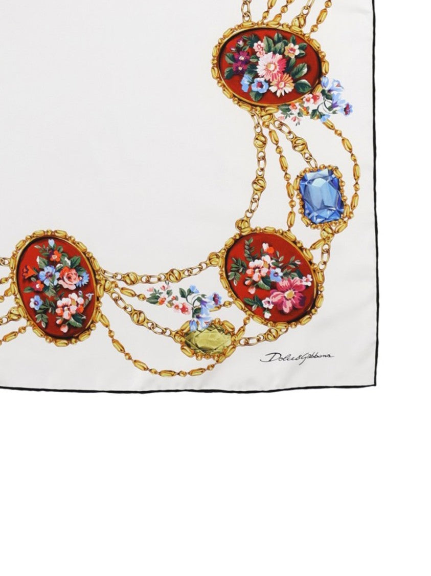 Dolce & Gabbana White Silk Gold Chains Scarf