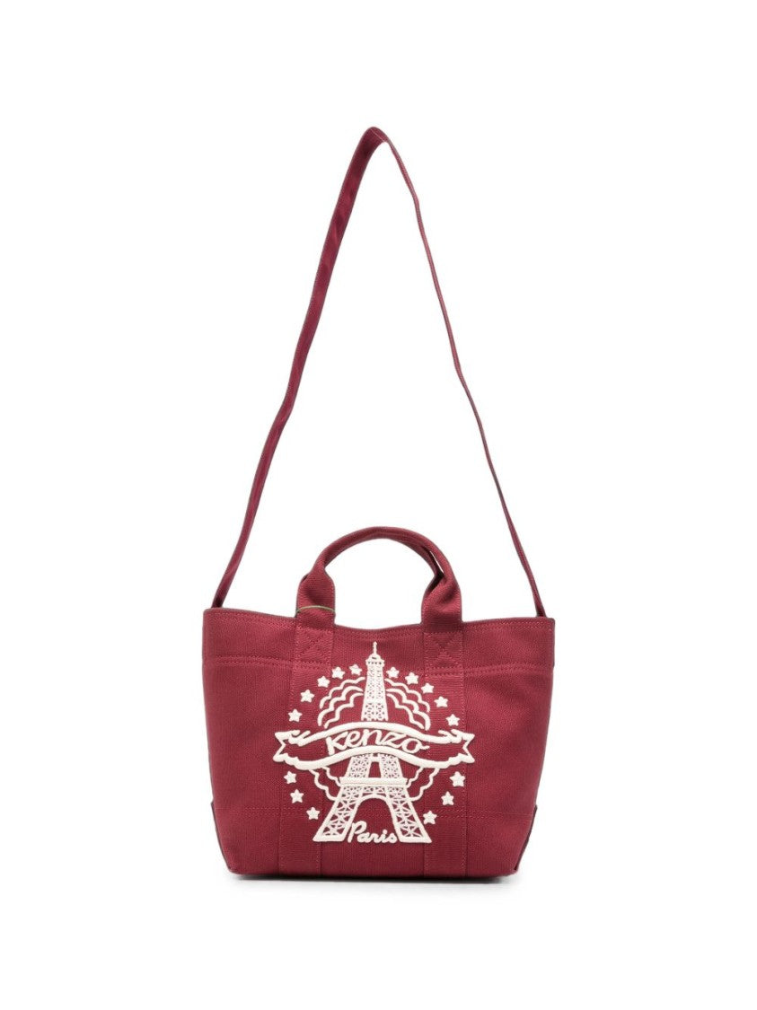 Kenzo Medium Burgundy Cotton Tote Bag With Eiffel Tower Embroidery
