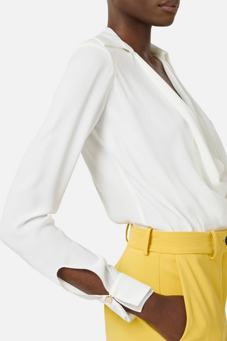 Elisabetta Franchi Ivory Draped Cowl Neck Gold Cuff Buttons Viscose Bodysuit