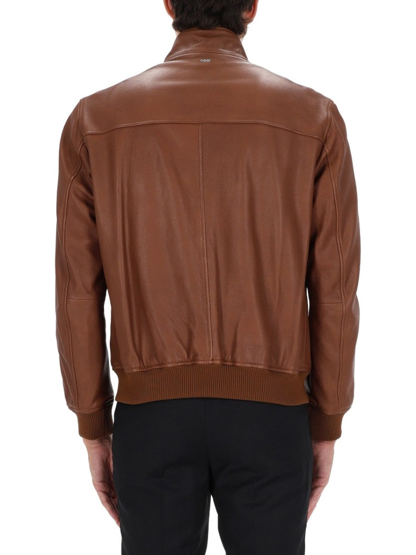 Boss Brown Leather H-Moiner Bomber Jacket