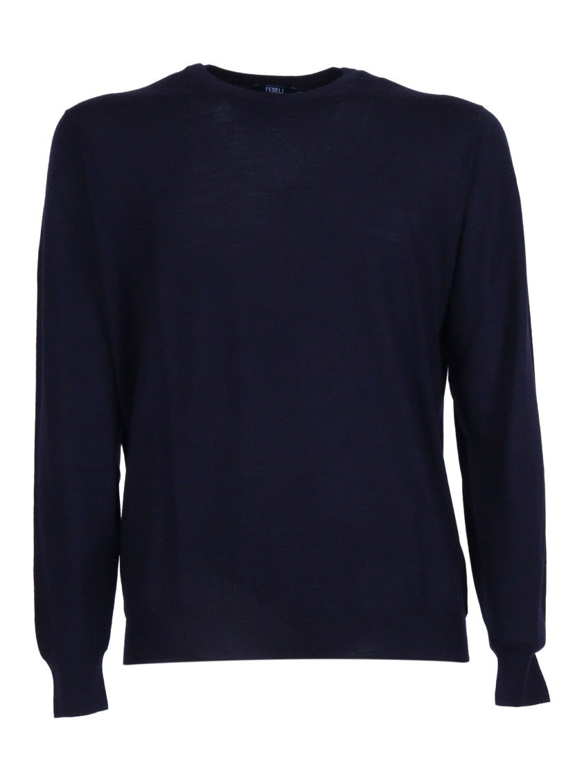 Fedeli Navy Wool Crew Neck Sweater