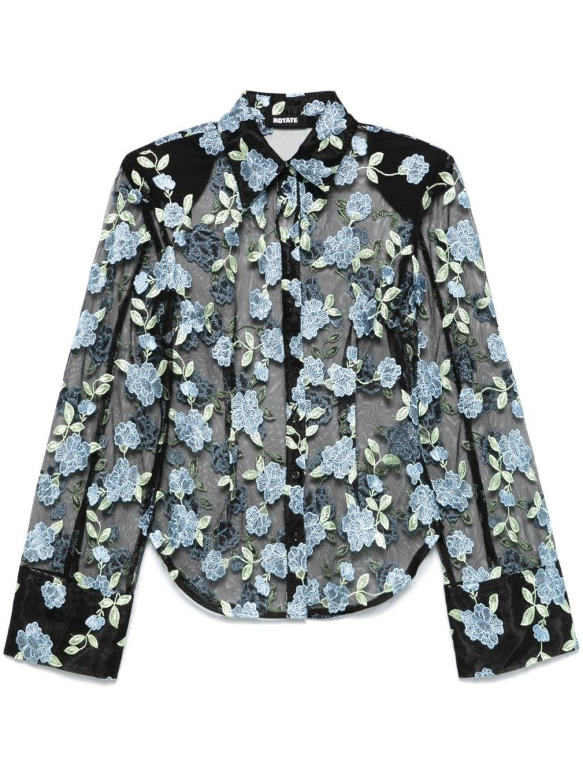 Rotate Sheer Black Shirt With Intricate Floral Embroidery