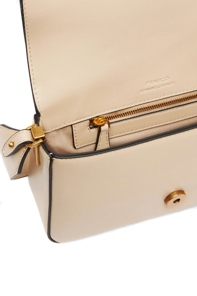 Pinko Beige Gold-Tone Love Birds Buckle Leather Shoulder Bag