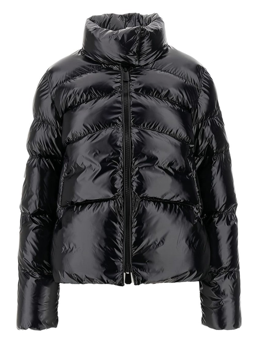 Pinko Cropped Black Down Coat With Glossy Finish And High Collar