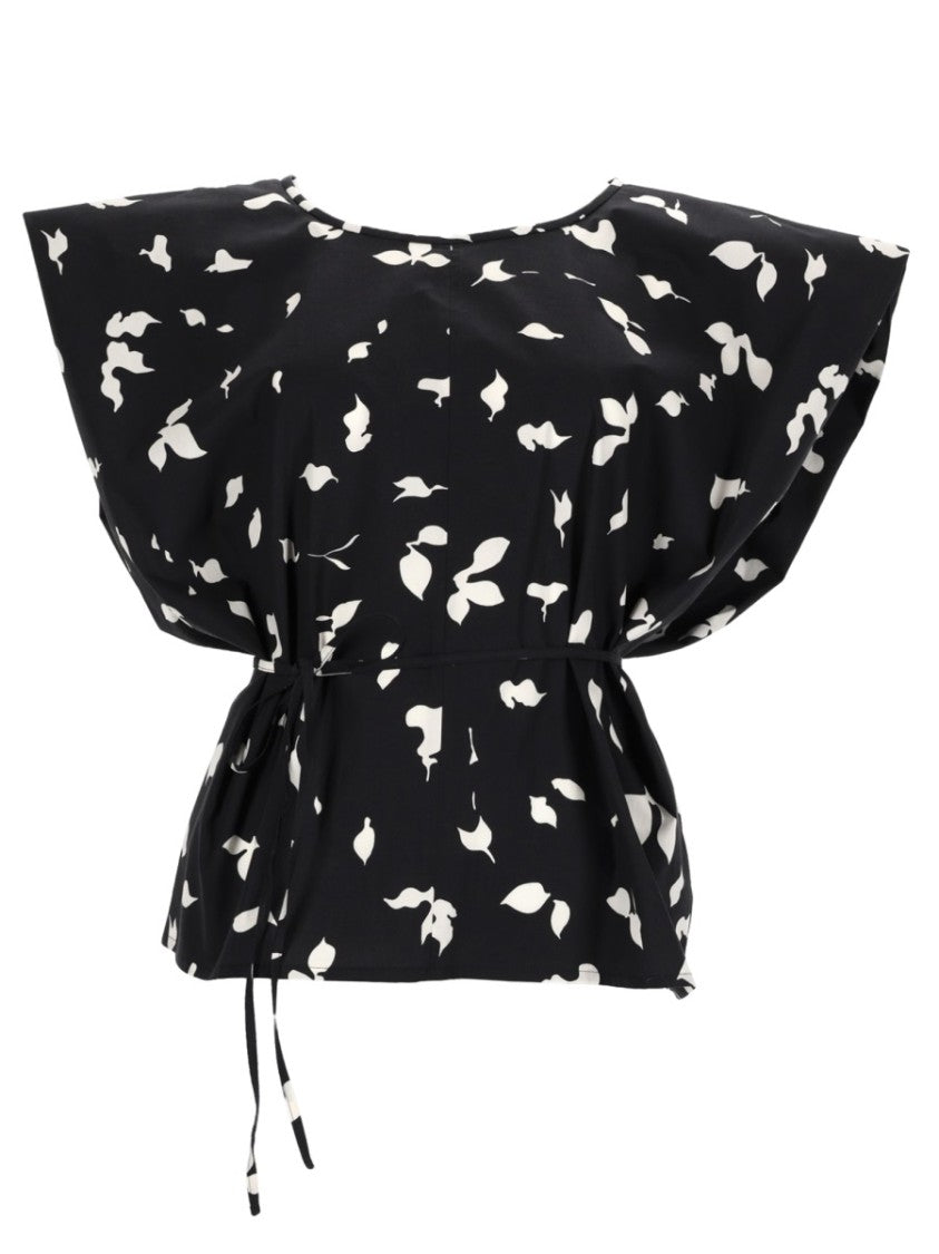 Alysi Black Leaf Print Ribbon Blouse