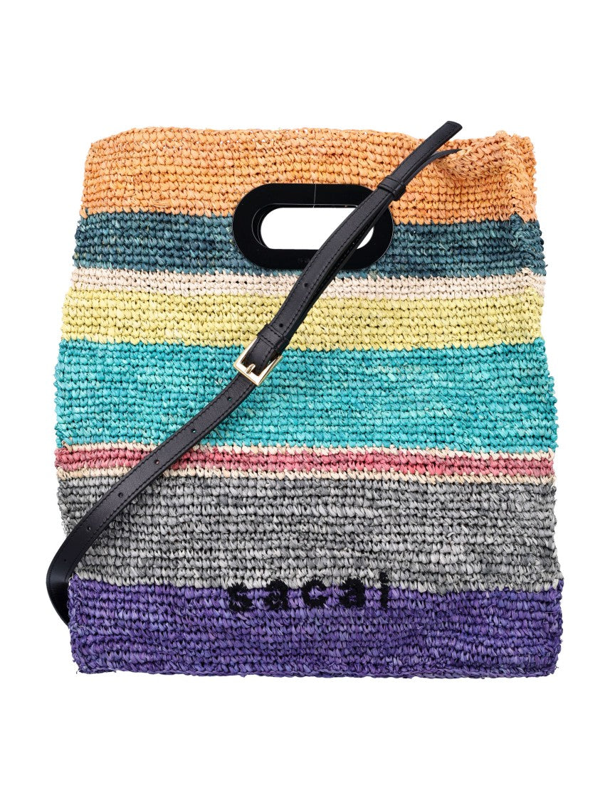 Sacai Striped Pattern Raffia Tote Bag