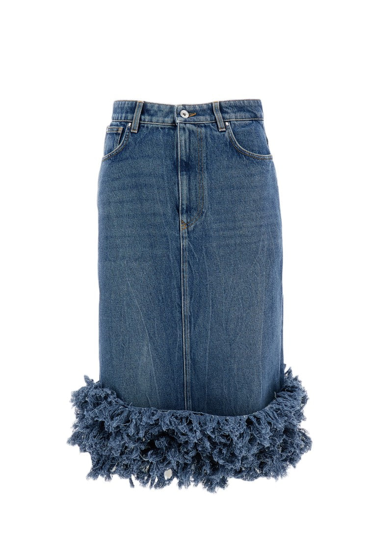 Rabanne Washed Blue Cotton Denim Frayed Hem Midi Skirt
