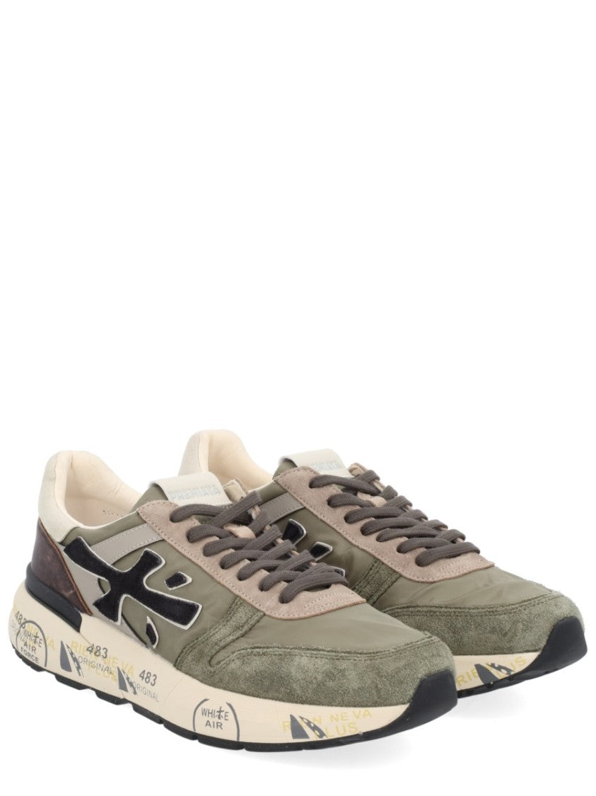 Premiata Textured Green And Beige Sneakers With Bold Accents
