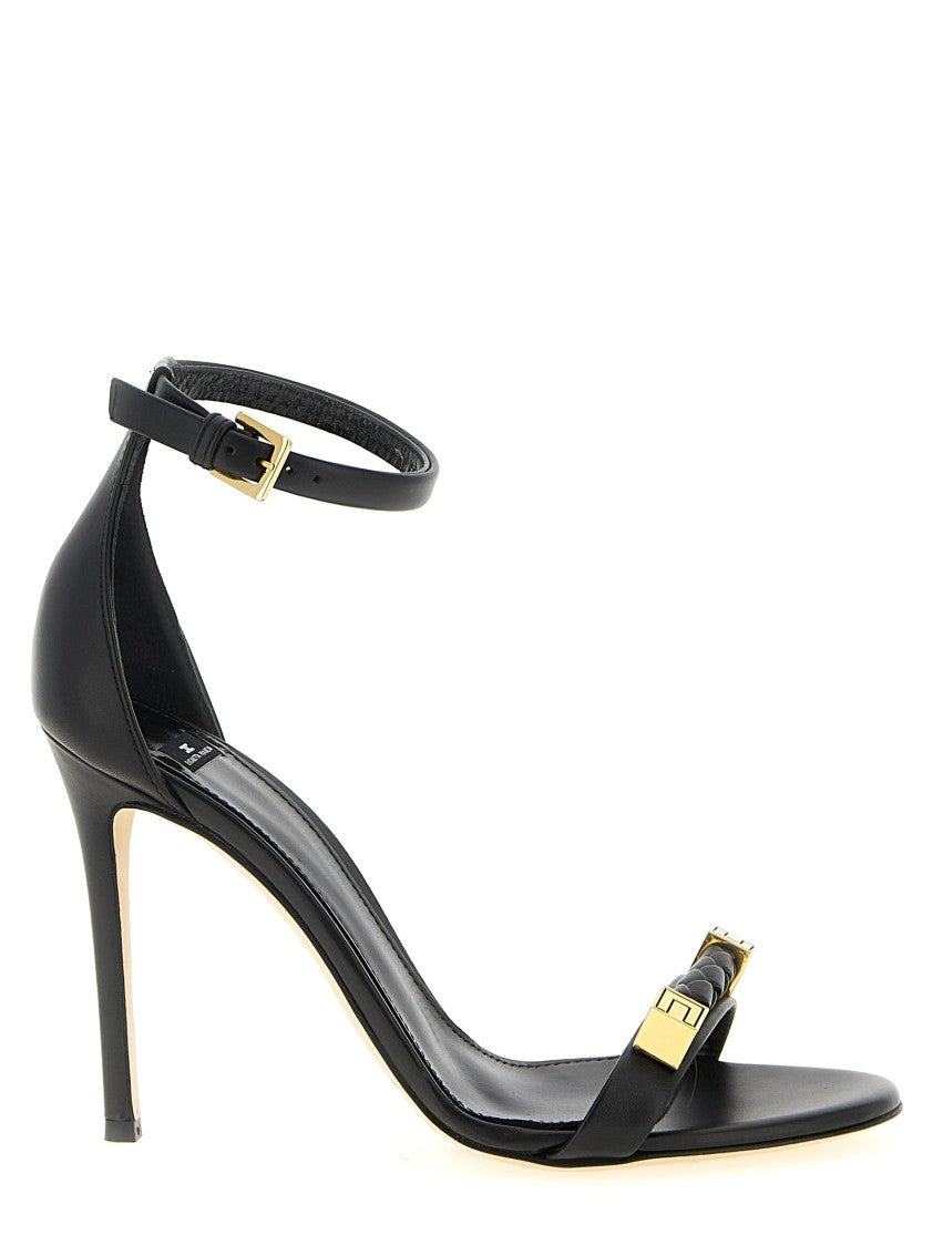 Elisabetta Franchi Black Leather Sandals With Woven Front Strap