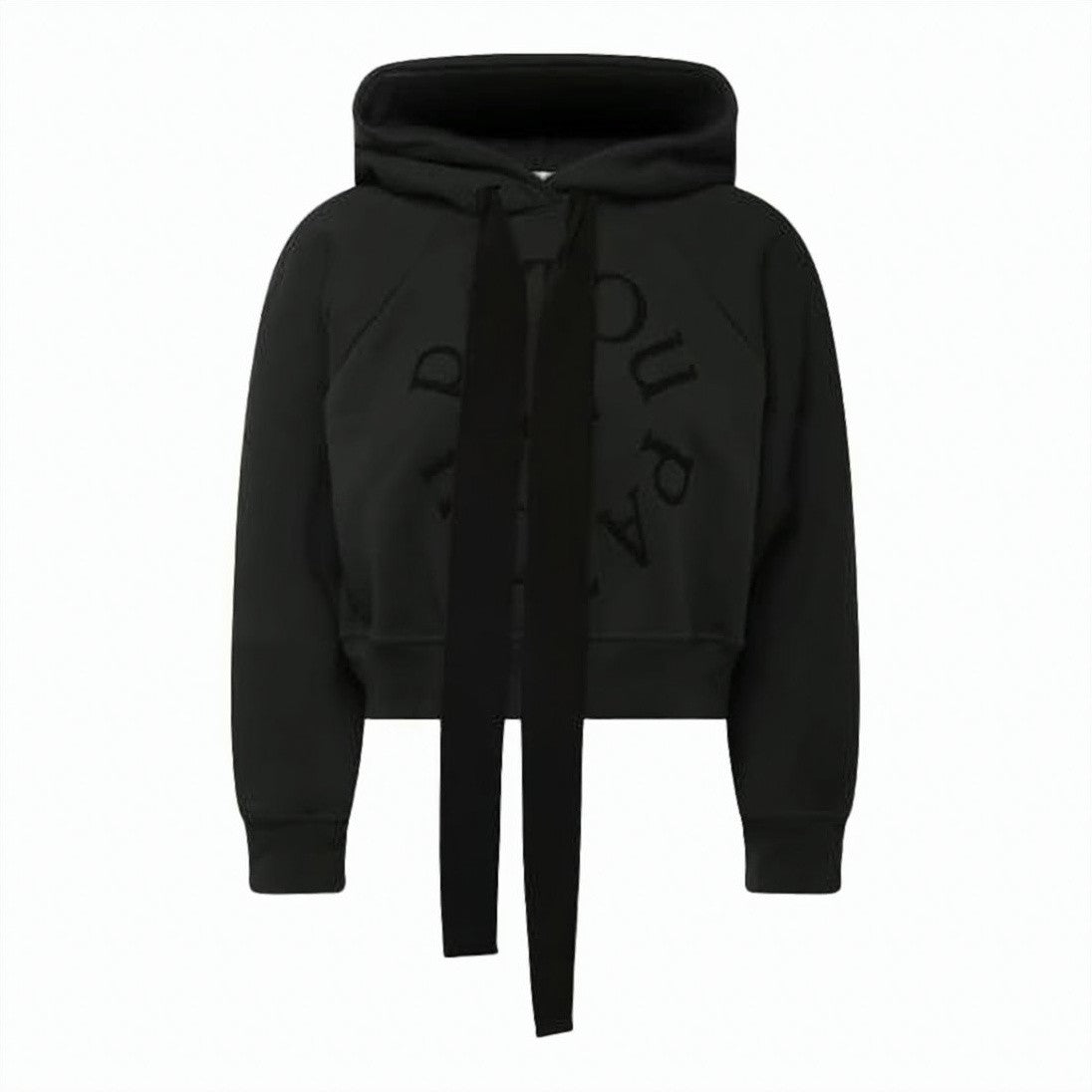 Patou Cropped Black Hoodie With Extended Drawstrings And Ribbed Finish