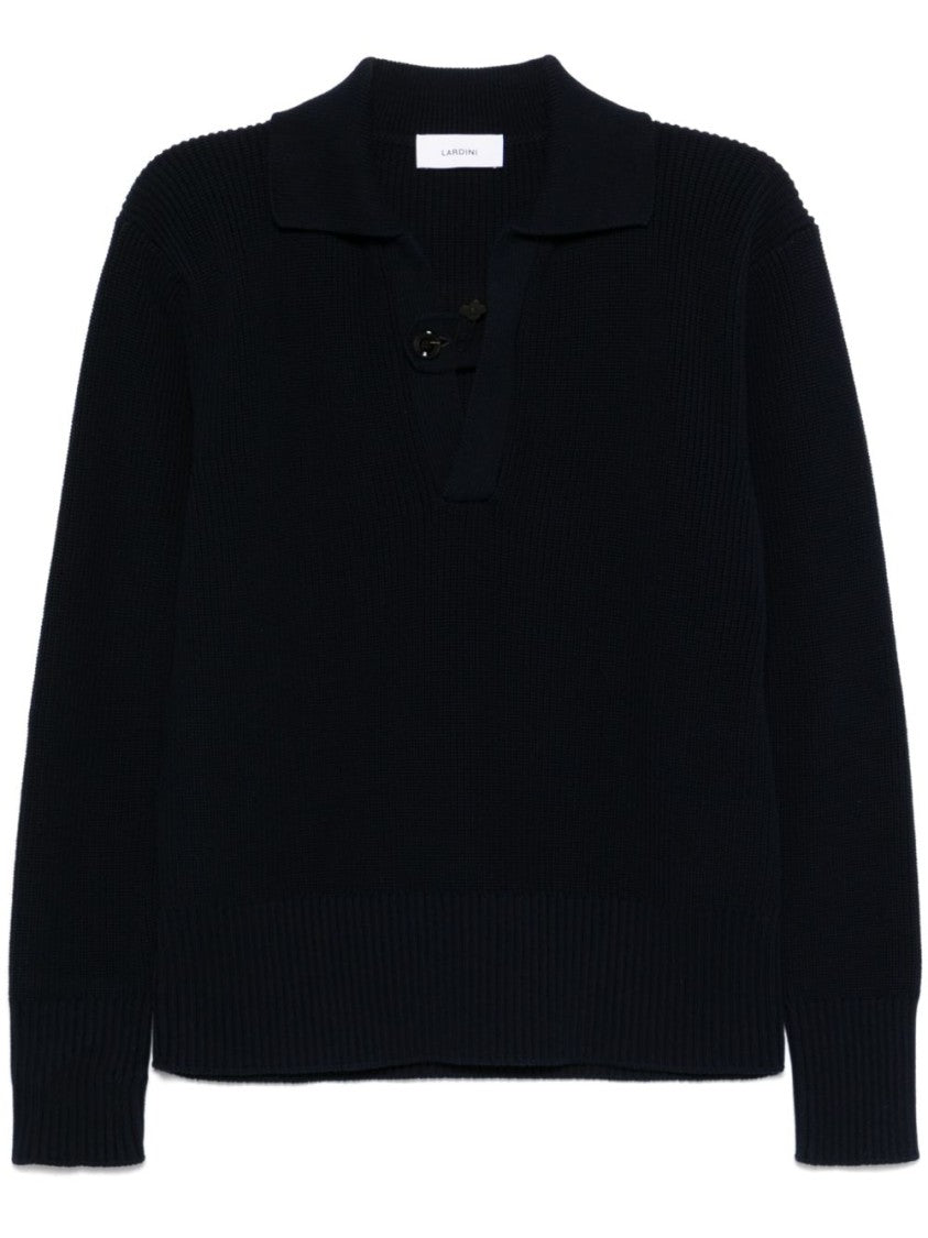 Lardini Button-Closure Black Cotton Sweater With Ribbed Texture
