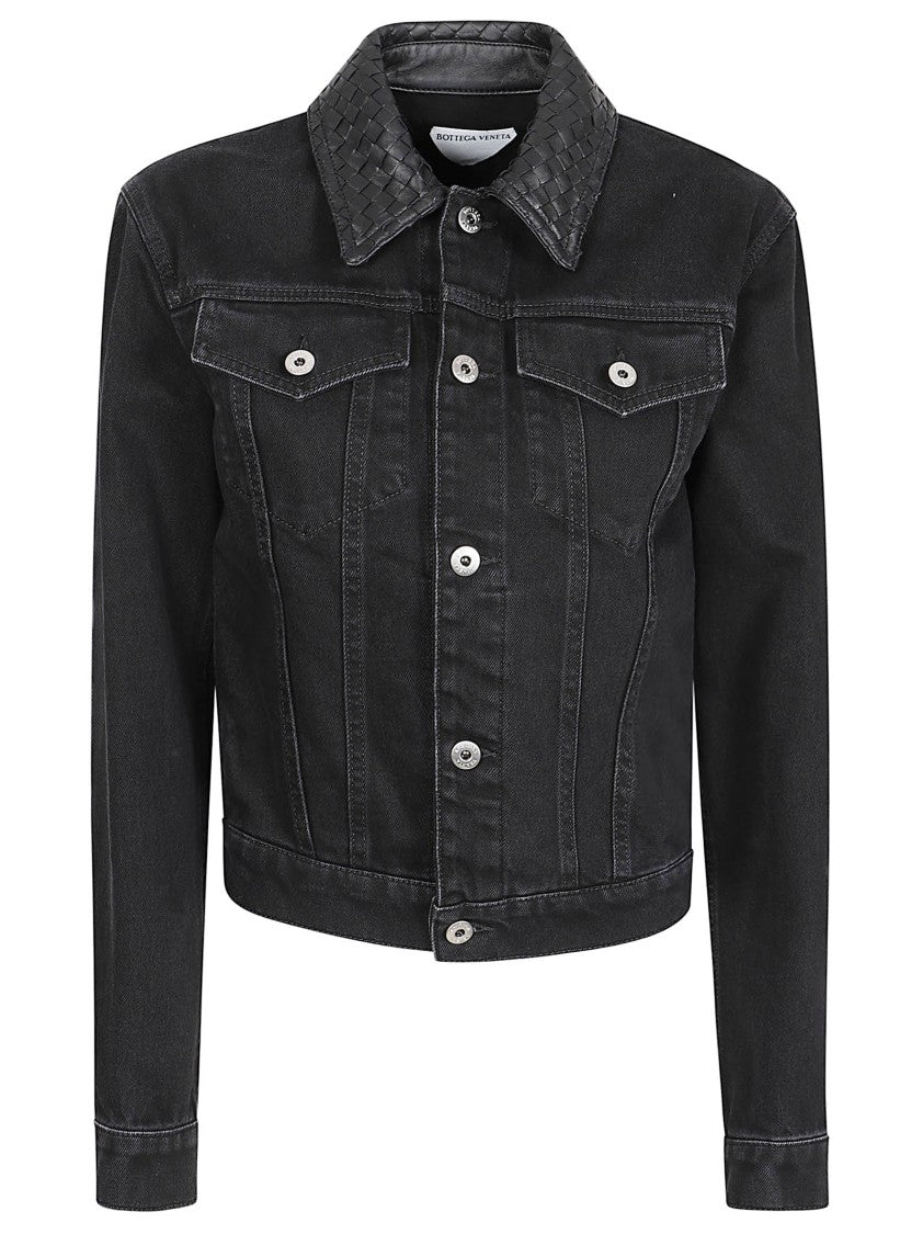 Bottega Veneta Cropped Woven Leather Collar Denim Jacket