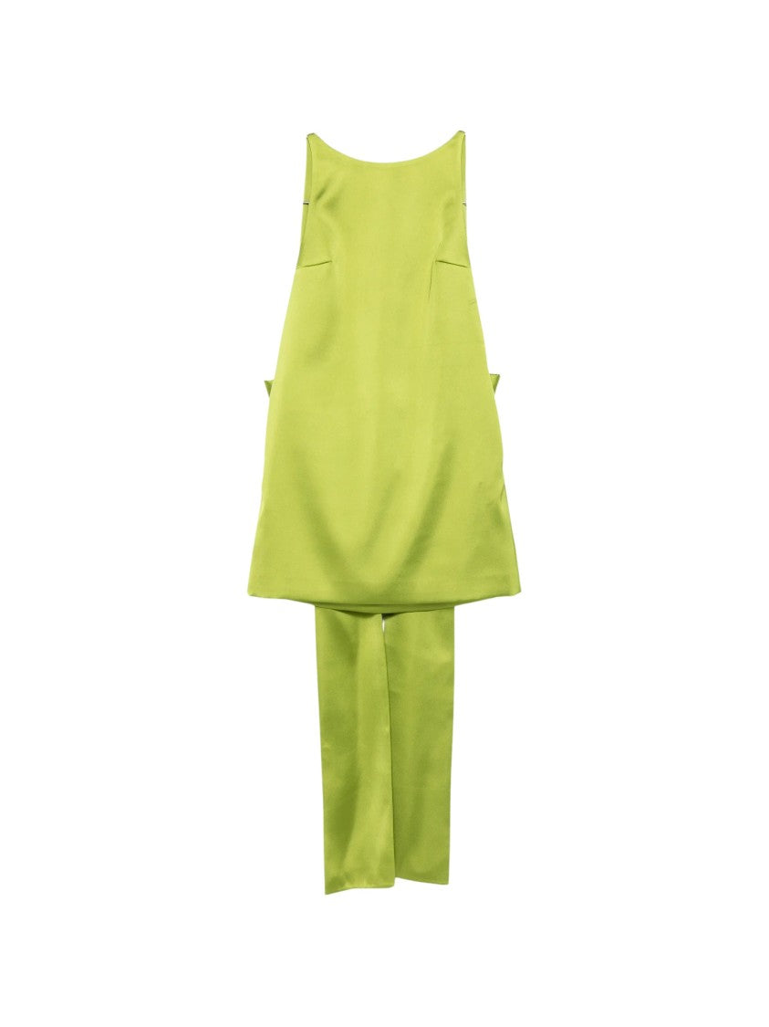Self-Portrait Satin-Like Lime Green Mini Dress With Structured Bow Detail