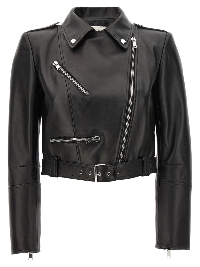 Mcqueen Cropped Leather Jacket With Off-Center Zip Closure