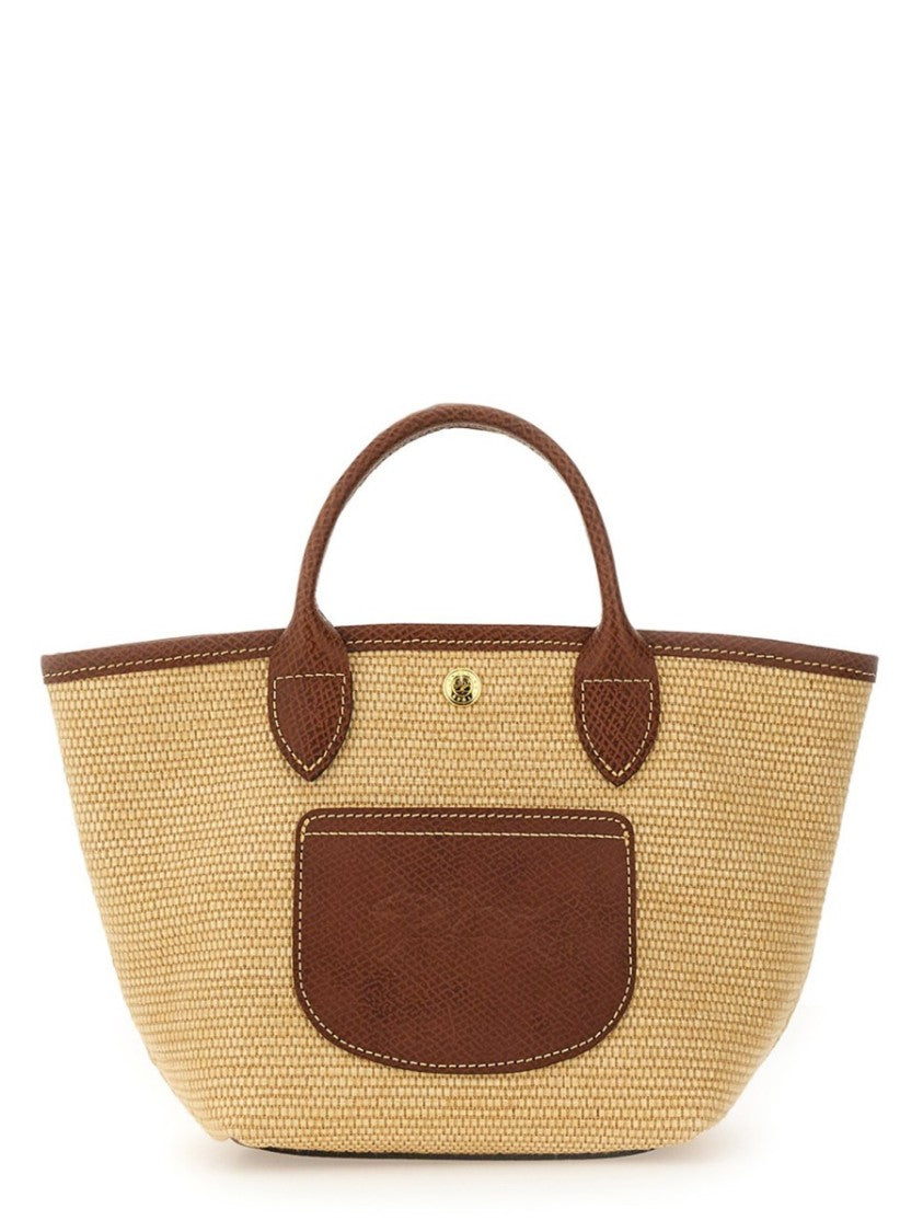 Longchamp Small Woven Cotton Tote Bag With Leather Trim