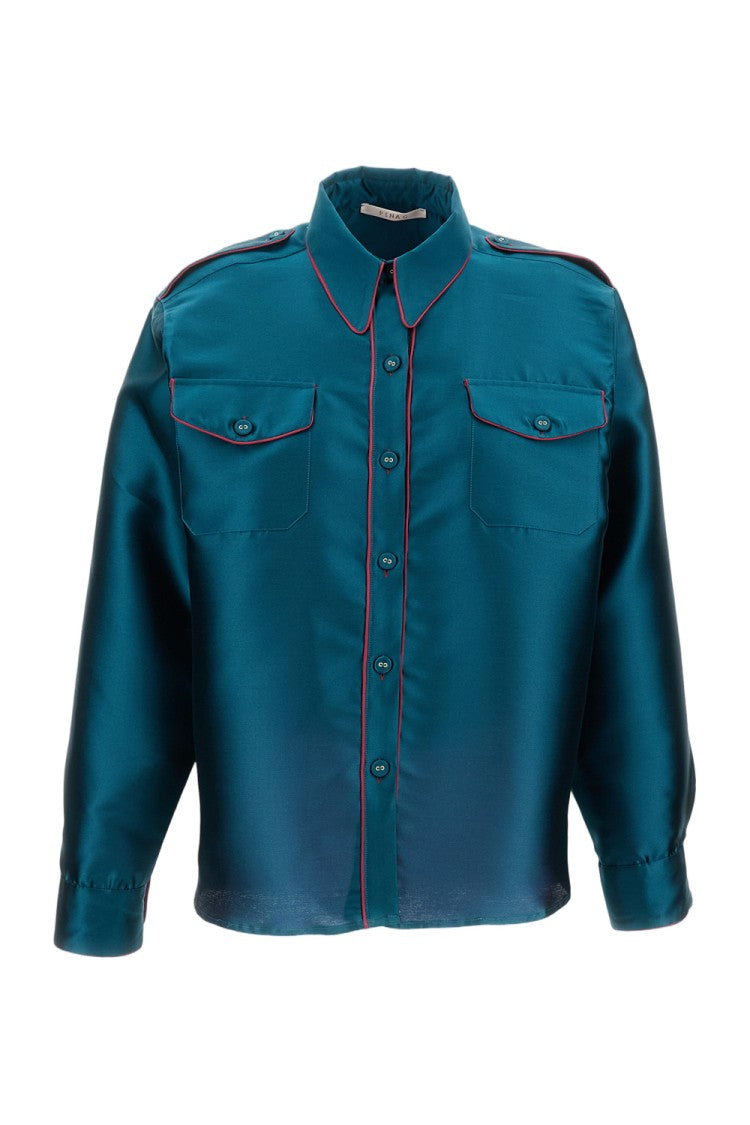 Pinag Cropped Teal Silk Shirt With Contrast Piping