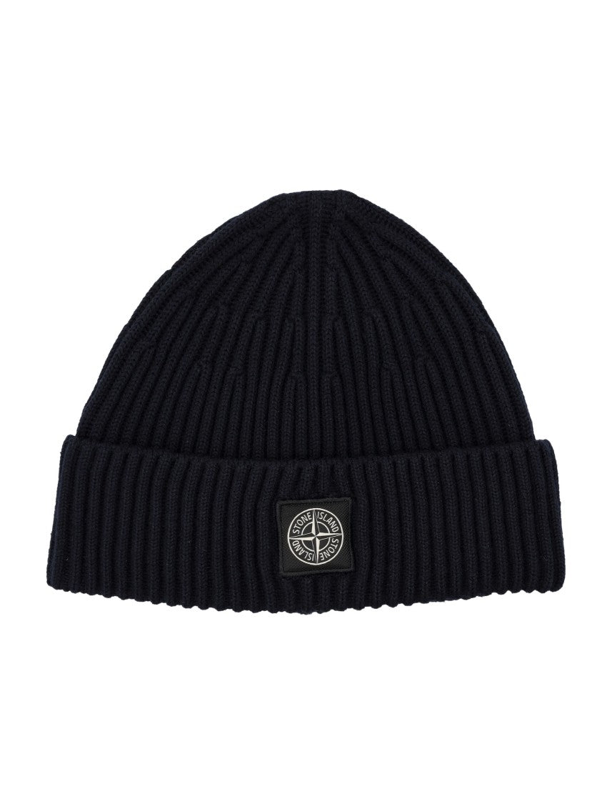 Stone Island Ribbed Wool Beanie With Logo Patch