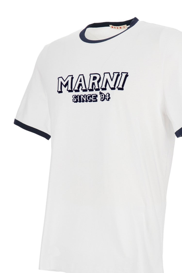 Marni Crew Neck T-Shirt With Front Logo And Ribbed Accents