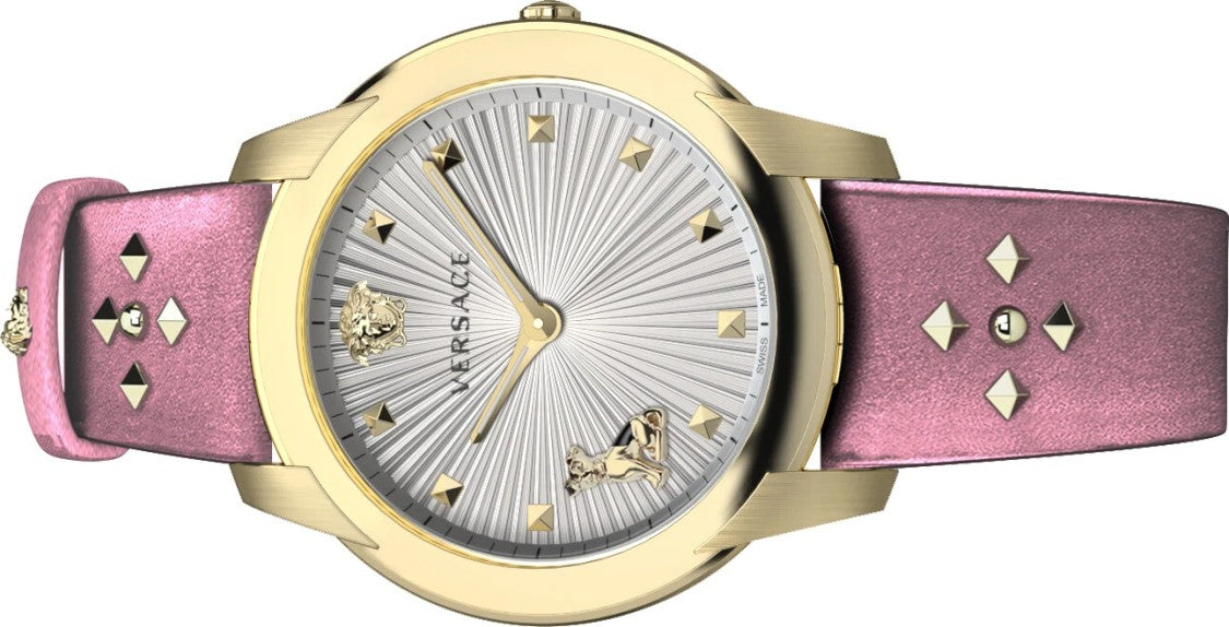 Versace Gold-Tone Stainless Steel Women's Analog Quartz Watch With Pink Calf Leather Strap