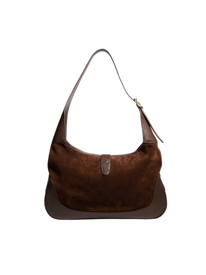 Gucci Perforated Suede Shoulder Bag With Signature Web Stripe