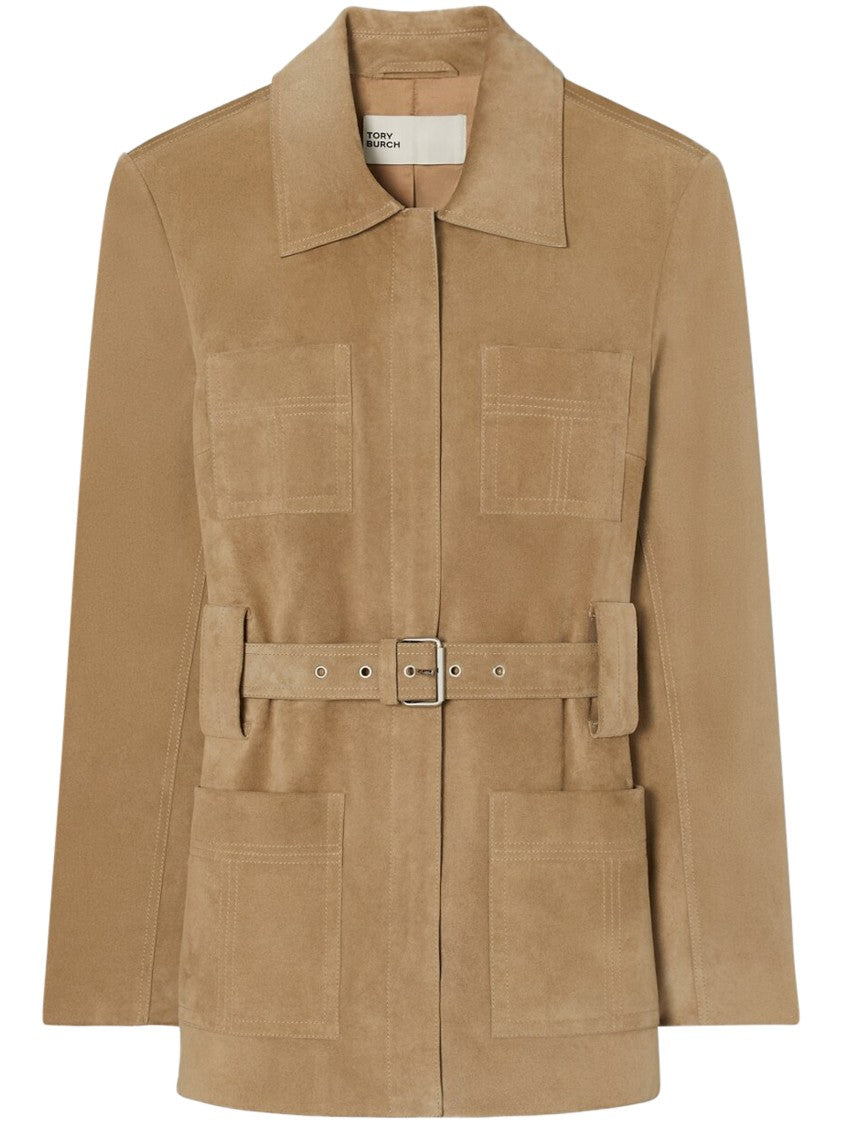 Tory Burch Structured Brown Suede Jacket With Front Belt
