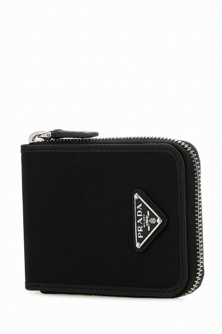 Prada Compact Black Fabric And Leather Wallet With Triangular Logo