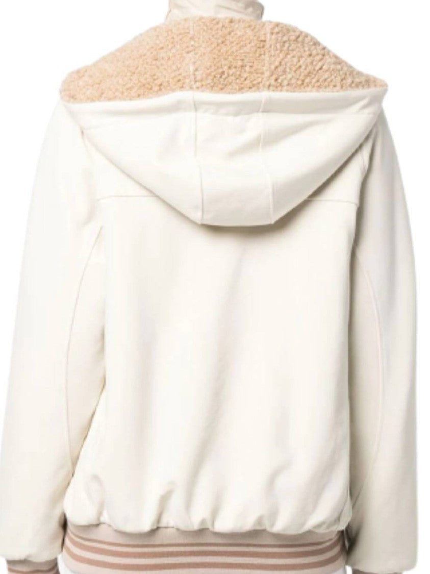 Eleventy Textured Light Beige Full Zip Sweatshirt With Drawstring Hood