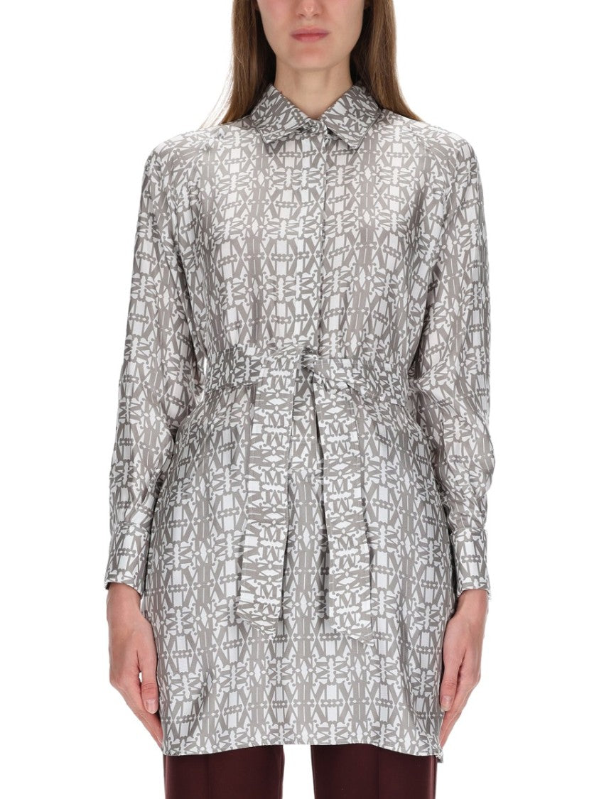 Max Mara Geometric Print Silk Chemisier Dress With Classic Collar And Matching Belt