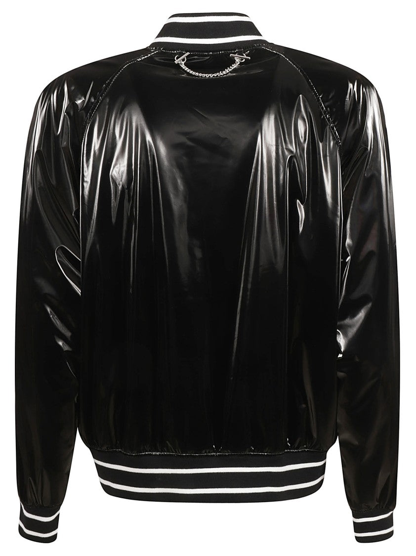 Alexander Mcqueen Glossy Black Bomber Jacket With Contrasting Stripes