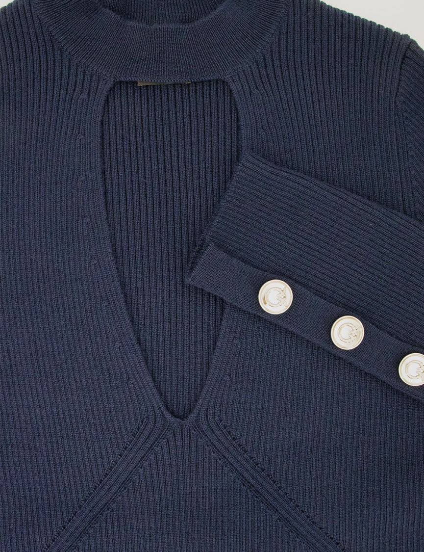 Pinko Navy Blue Ribbed Knit Wool Sweater With Cut-Out Details