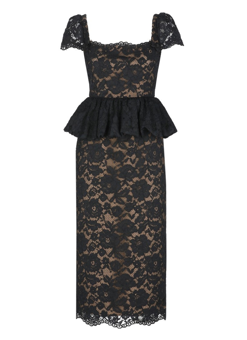 Self-Portrait Peplum Black Lace Midi Dress With Intricate Detailing