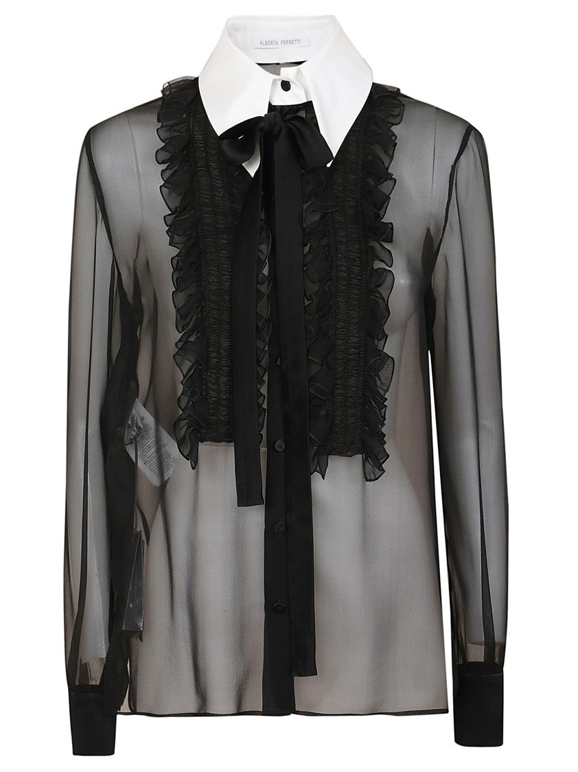 Alberta Ferretti Silk Blouse With Ruffled Front And Classic Collar